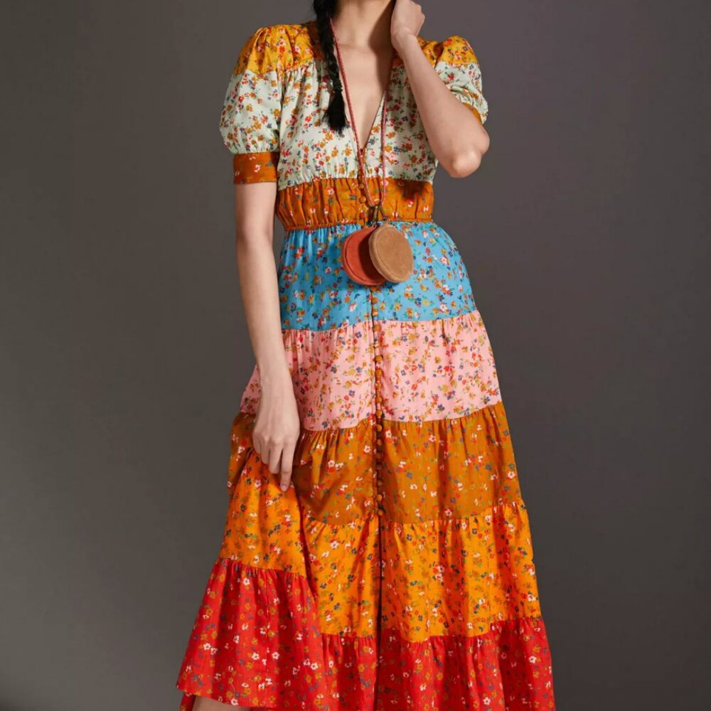 Anthropologie Patchwork Floral Maxi Dress in Orange, Blue, Pink, Red